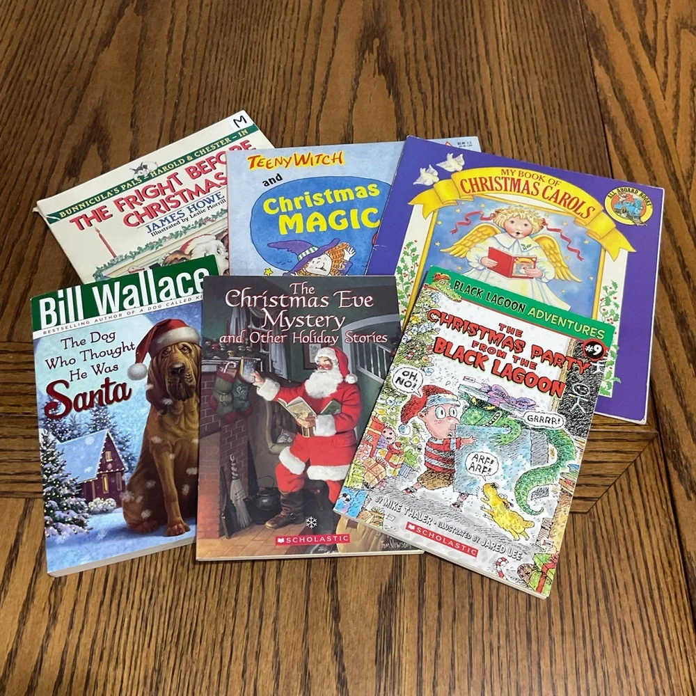 Christmas books:Bunnicula, Santa Dog, Teeny Witch, Carols, Black Lagoon, Mystery
